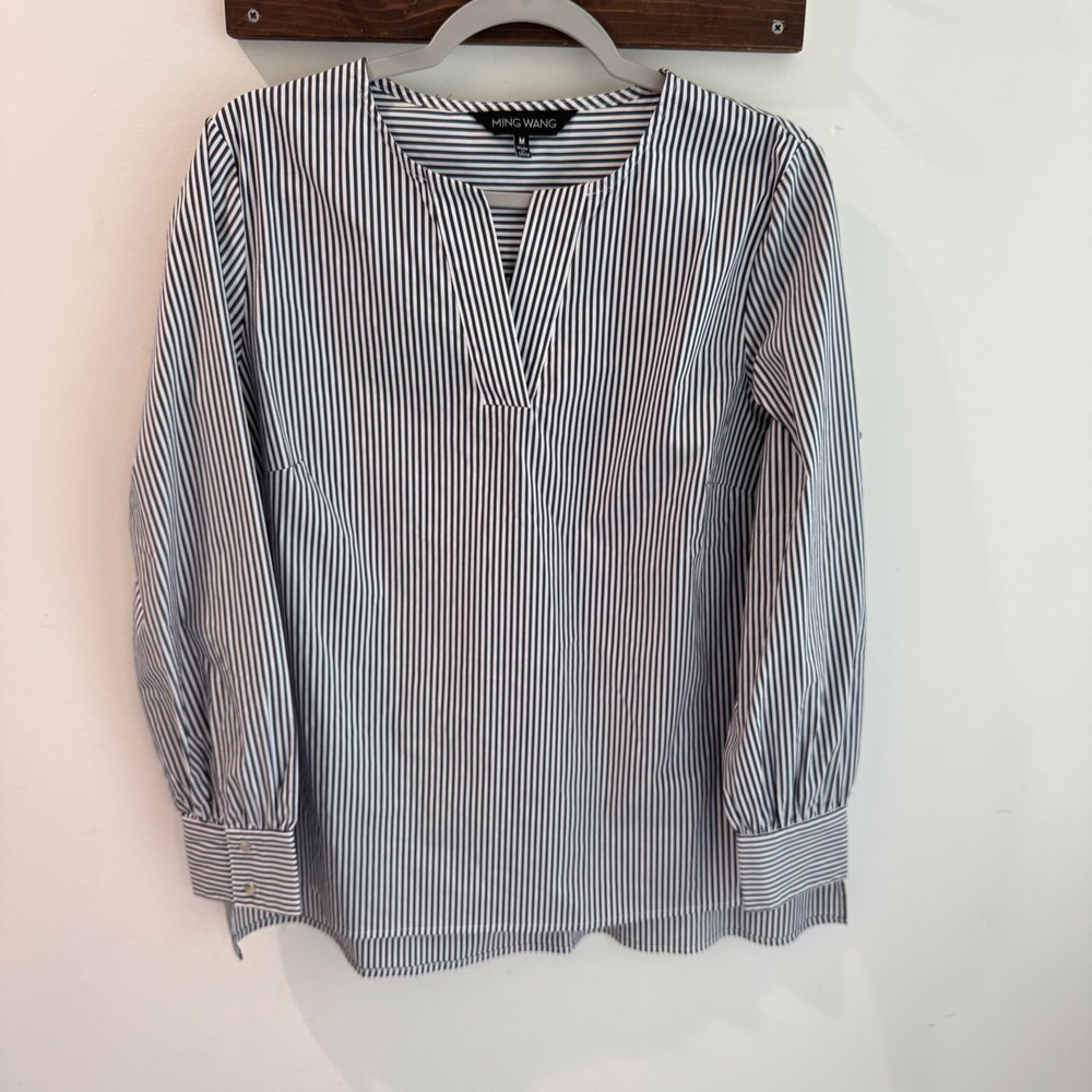 Ming Wang Womens Charcoal White Striped Split V-Neck Popover Blouse Shirt Size M